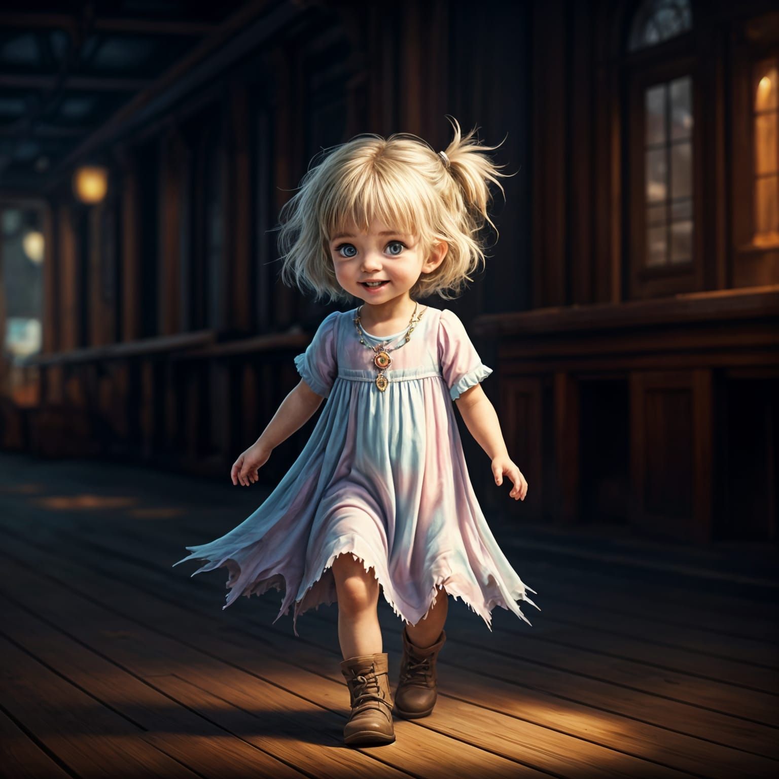 Young Girl with Blonde Hair and Green Eyes on a Ship