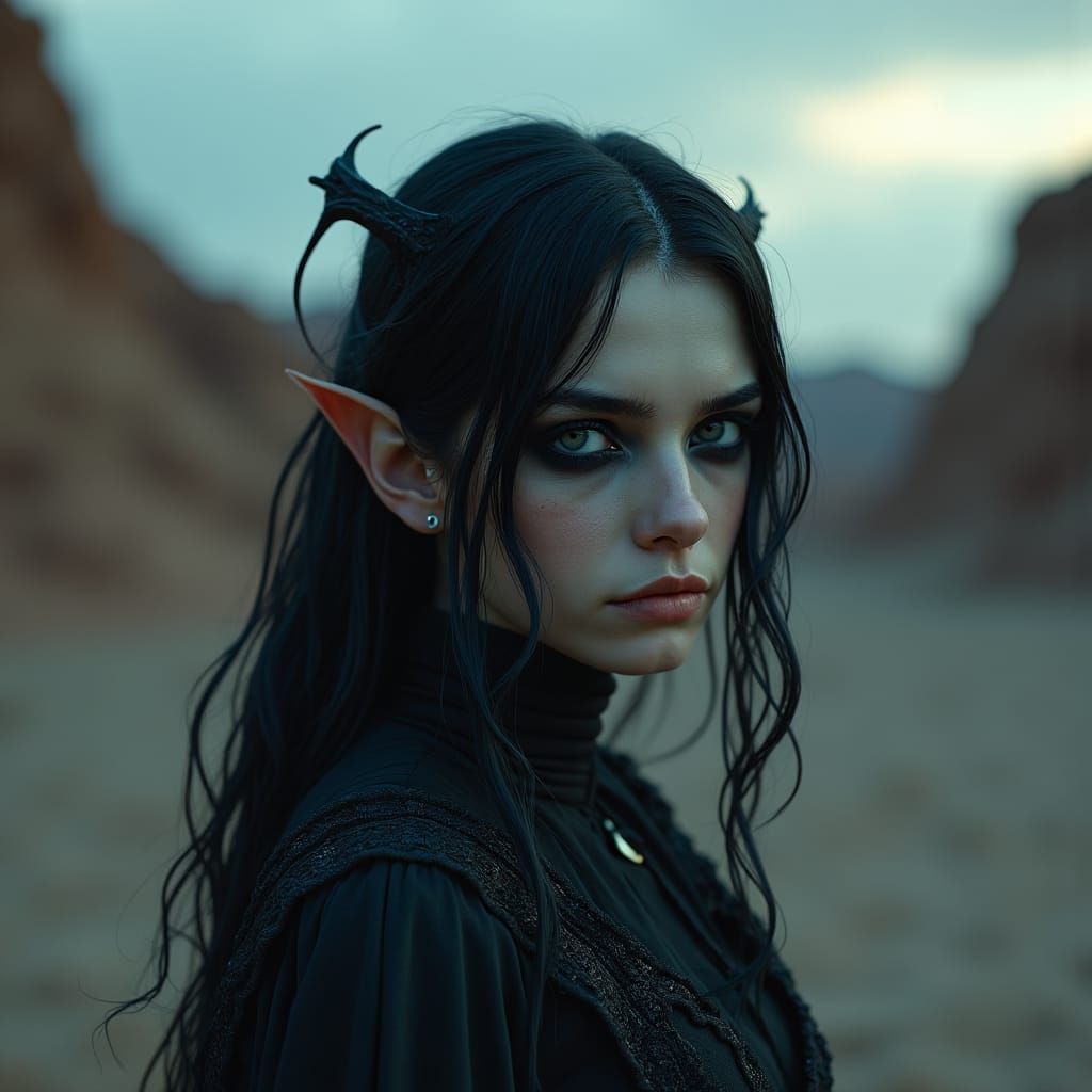 Ethereal Elf in Dystopian Desert, Dark Fantasy Art