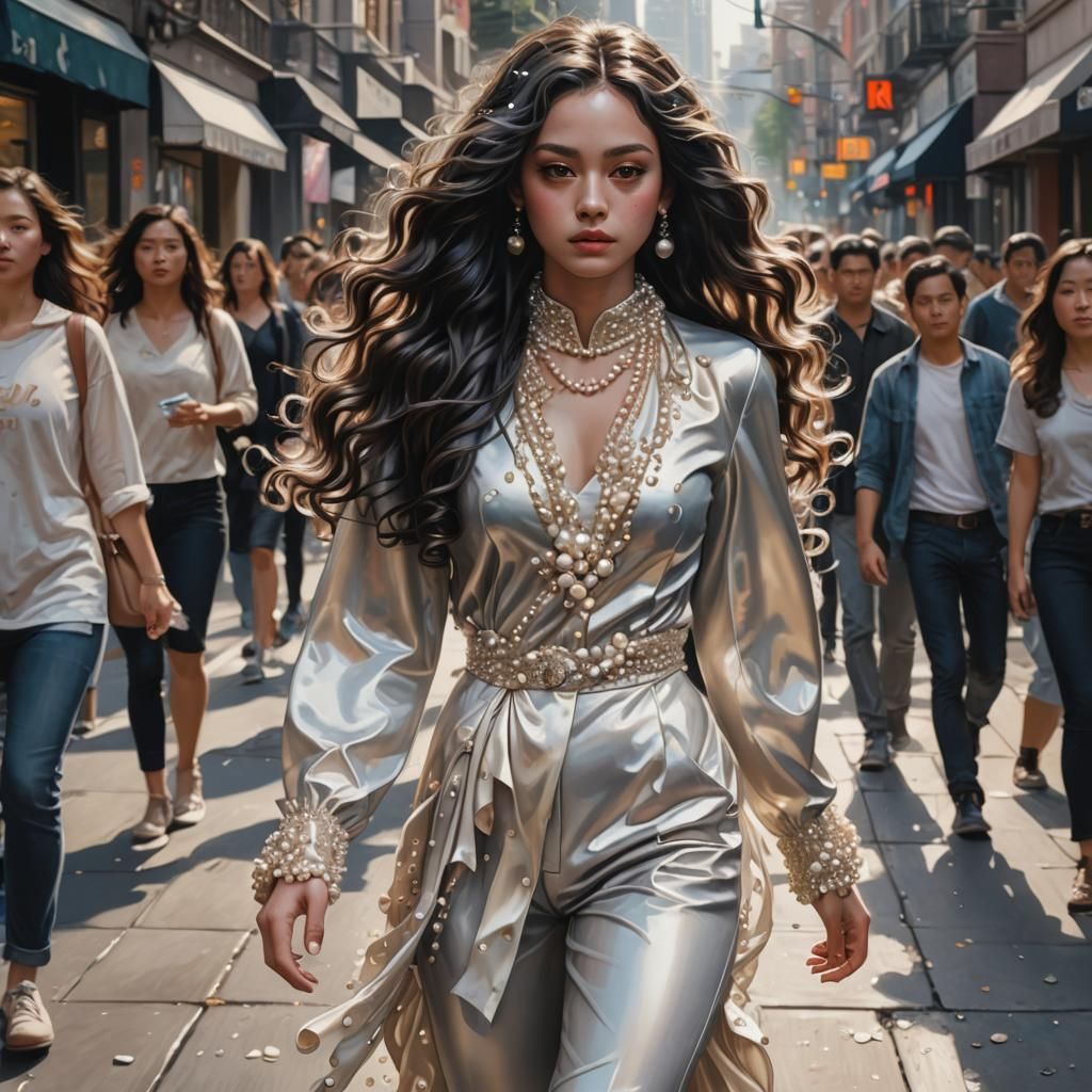 Hyperrealistic Portrait of Woman in Pearl Sheen Outfit