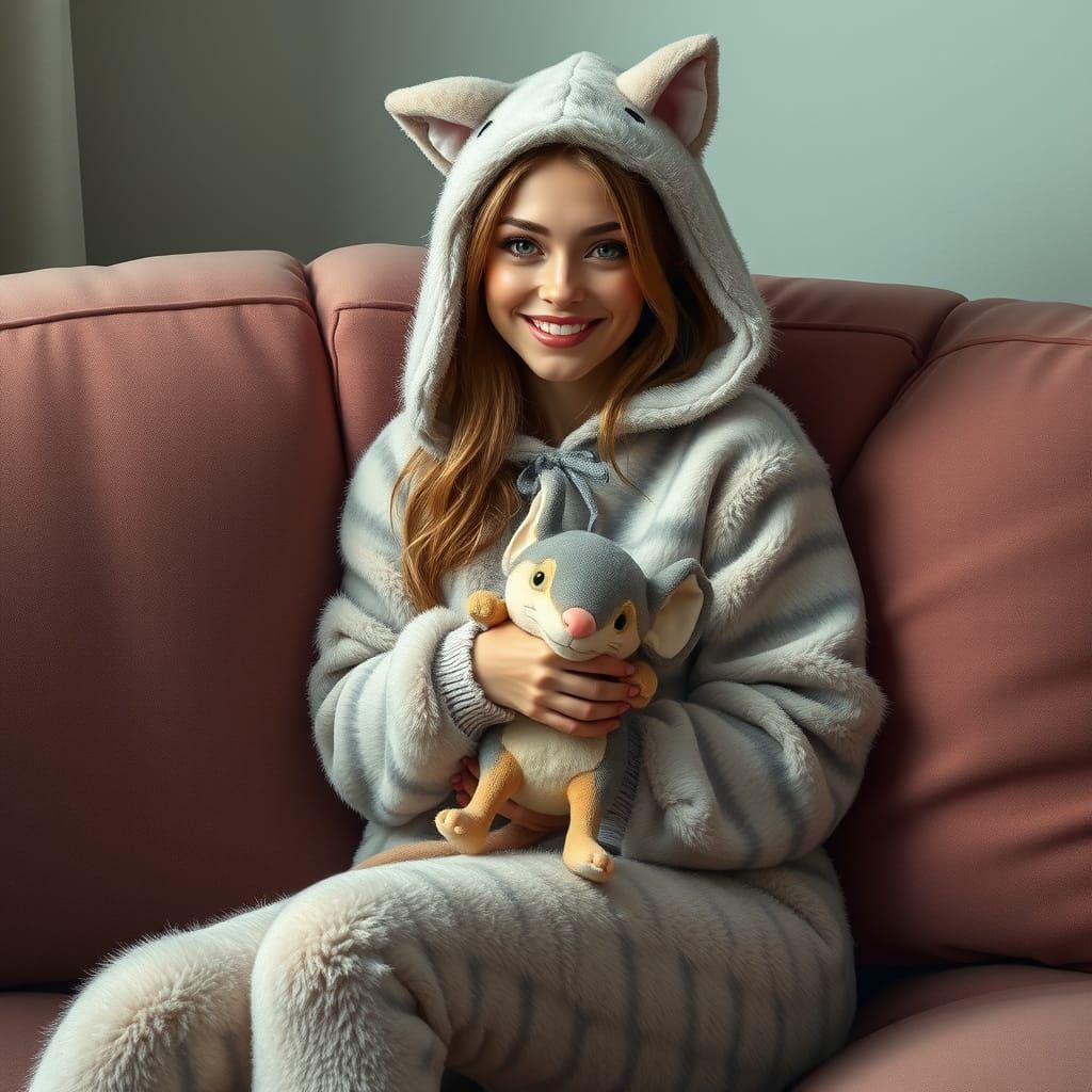 Woman in Cozy Onesie Hugs Stuffed Mouse, Reminiscent of Simo...