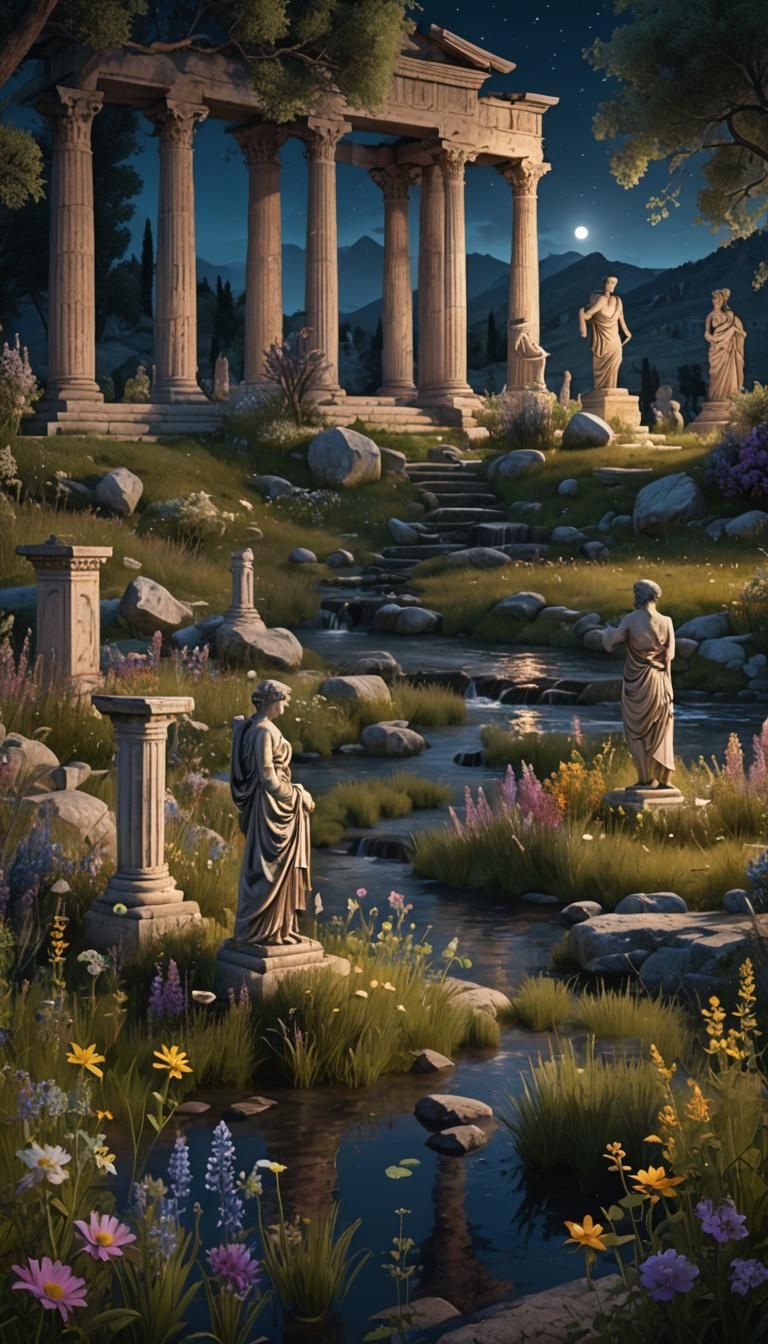 Night Meadow with Greek Ruins in Fantasy Art