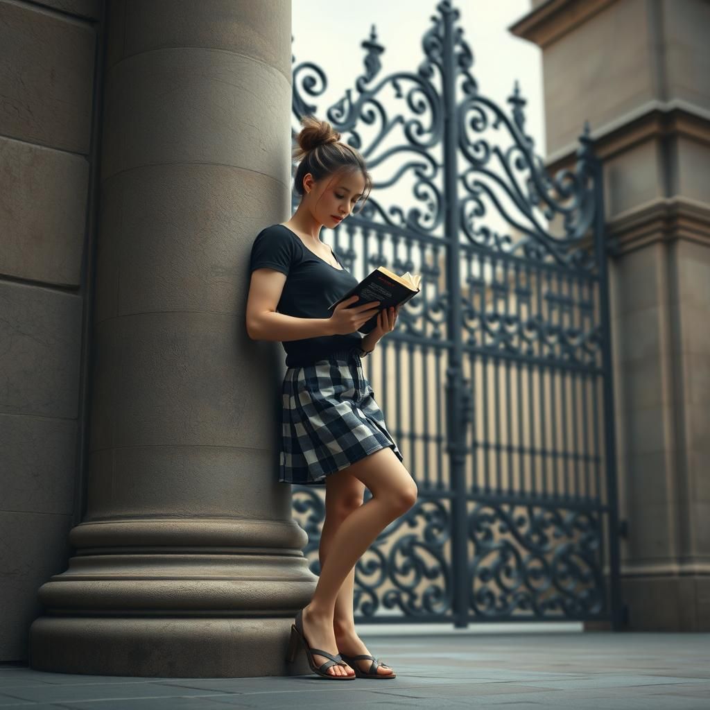 Woman Reading by Ornate Gate in Digital Painting