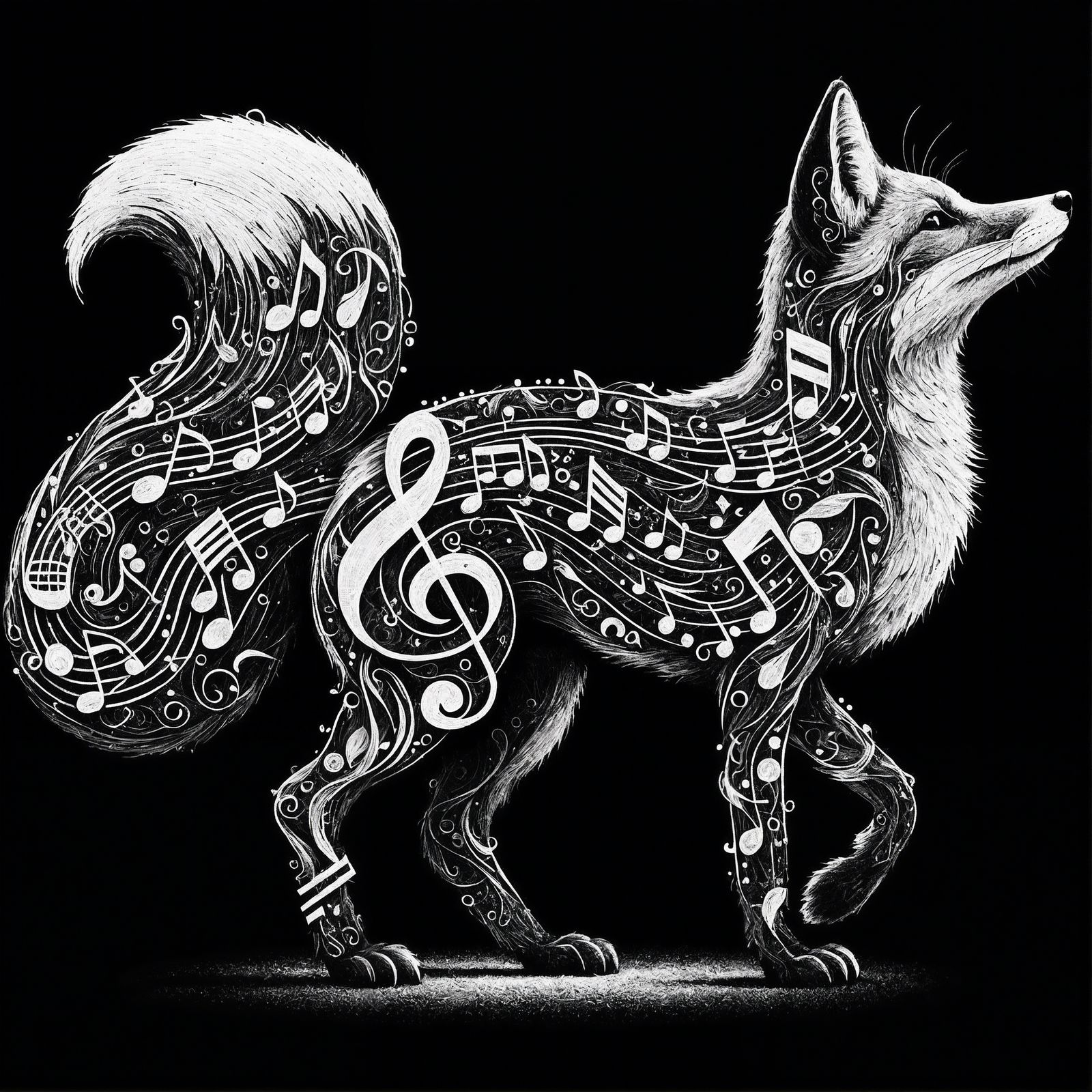 Elegant Musical Fox Line Art Drawing