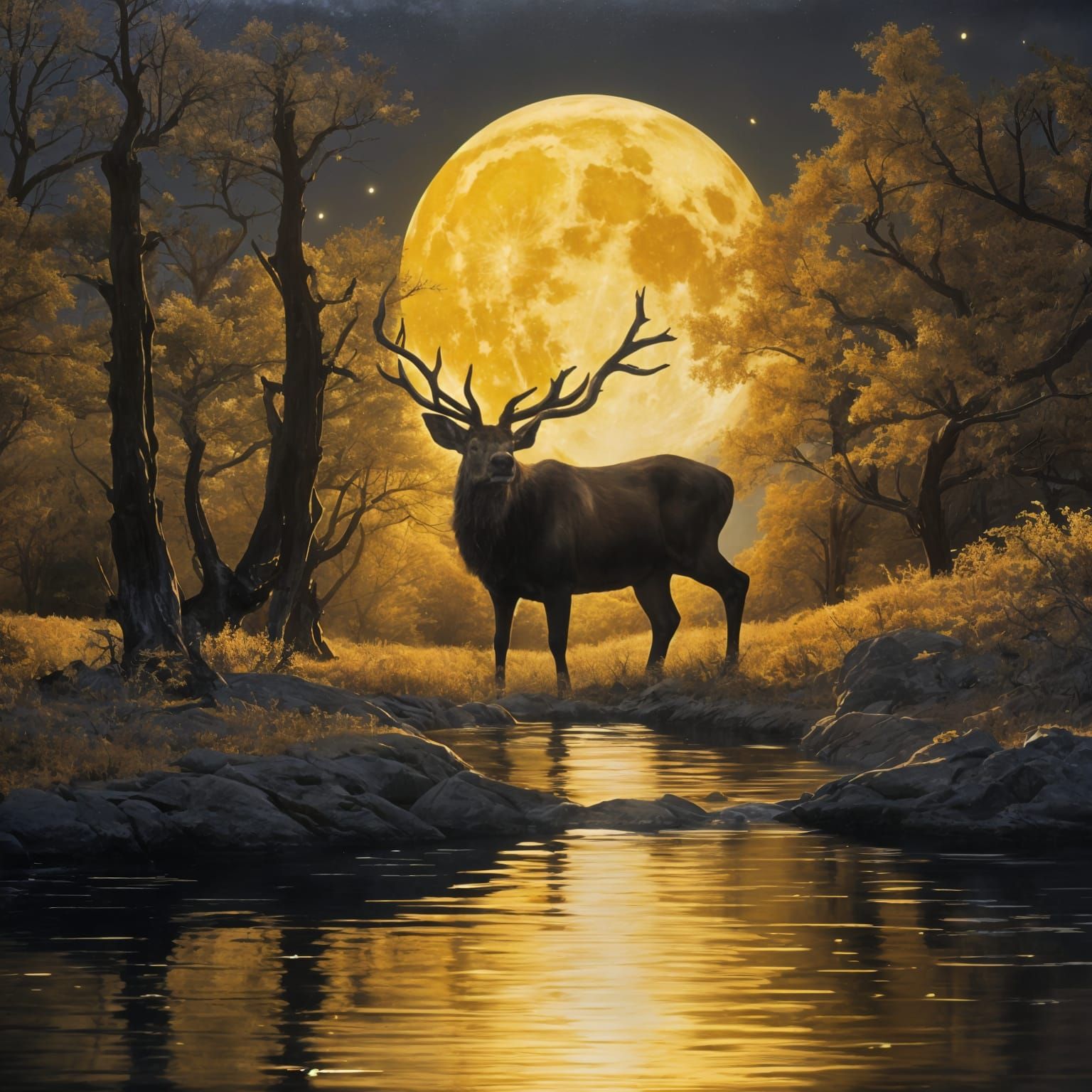 Ethereal Golden Night Scene with Majestic Stag