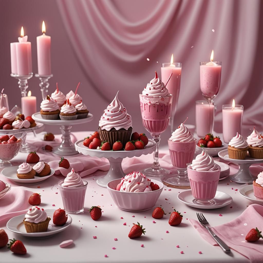 Pink Dessert Table Still Life, Detailed Matte Painting