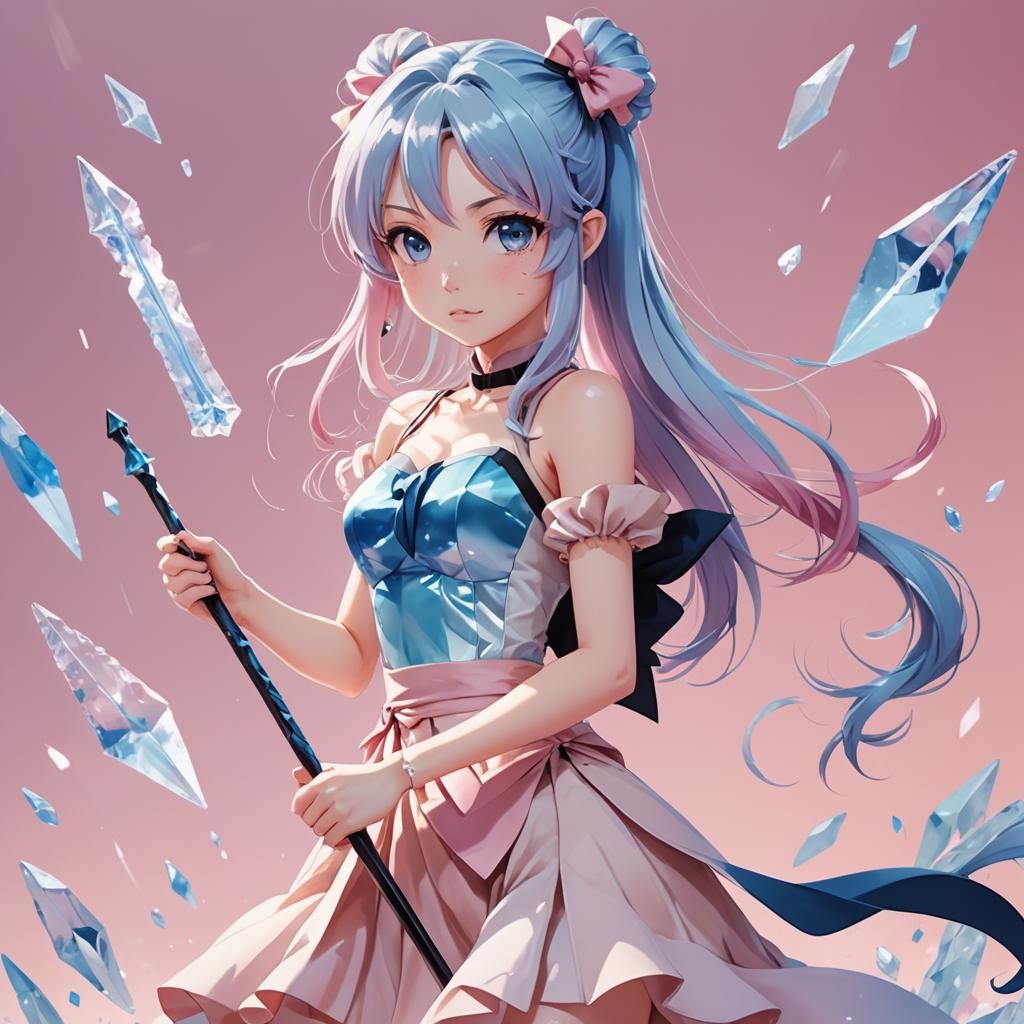 Anime Girl with Ice Spear in Manga Style