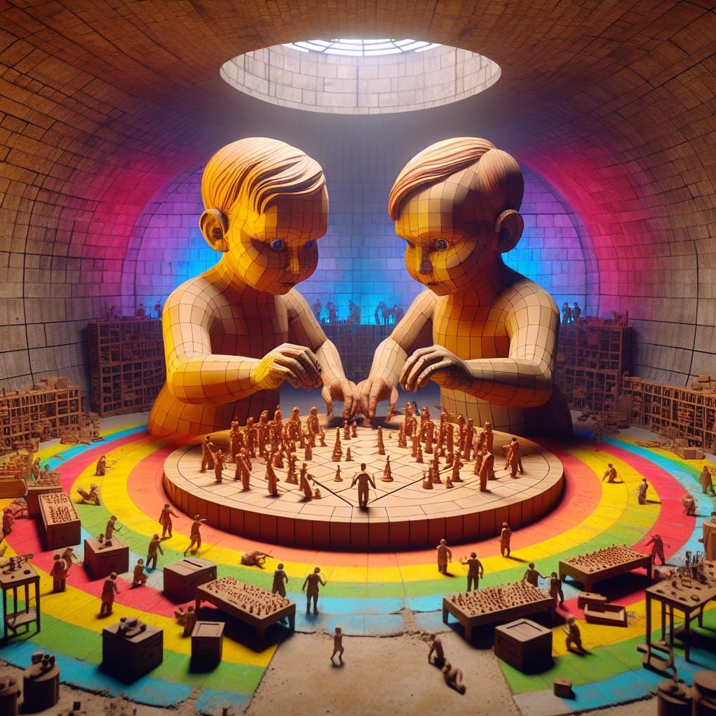 Giant Twin Dolls Play Board Game in Bunker