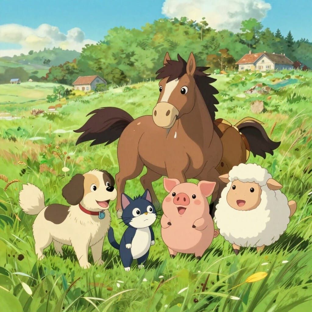 Ghibli Style Animal Friends Play in Sunny Meadow
