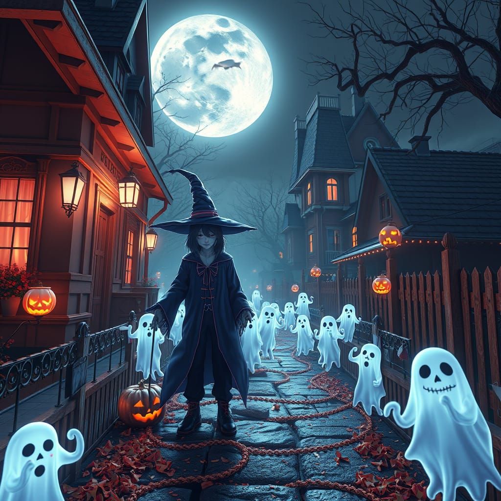 Spooky Halloween Night with Eerie Costumes and Ghostly Candi...