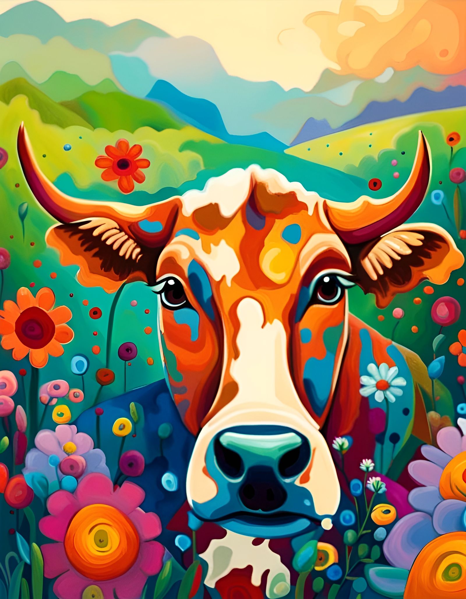 Cow in Flower Field: A Toyism-Style Illustration