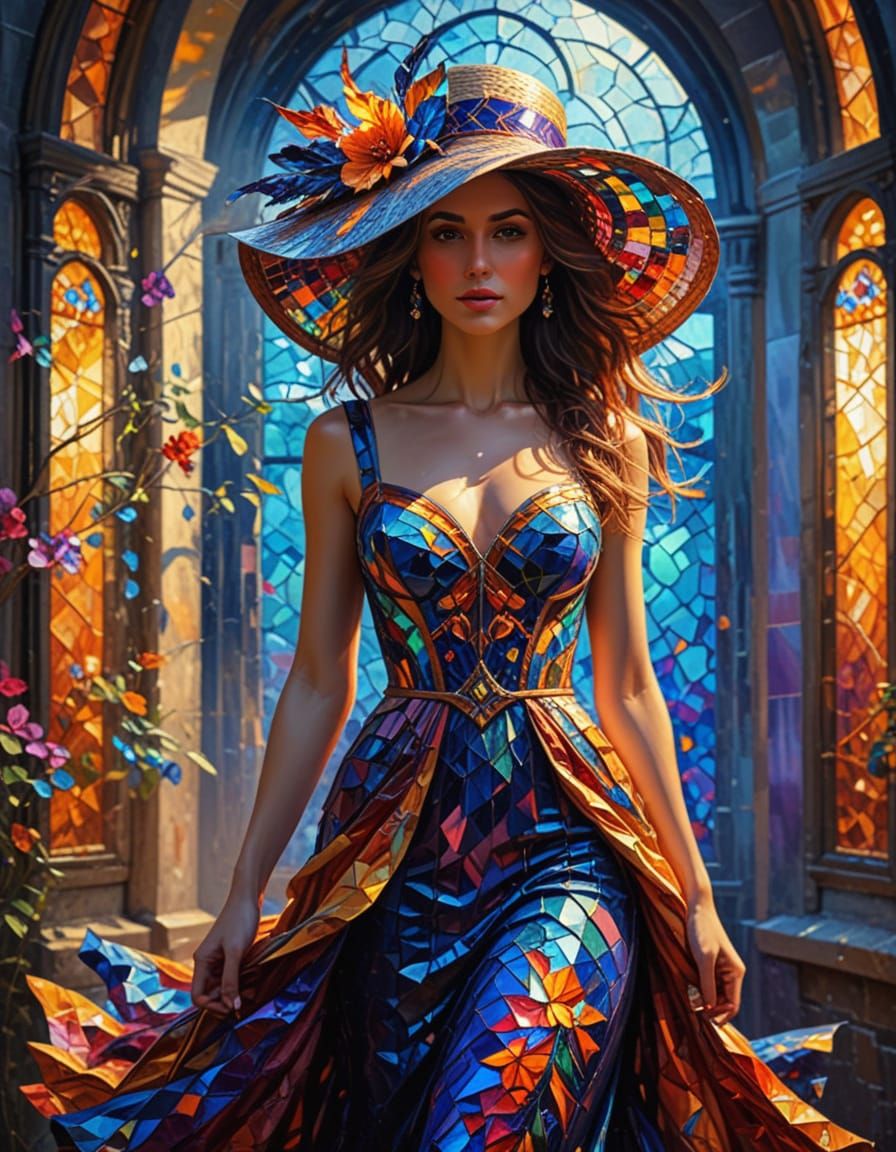 Woman in Stained Glass Gown with Refracted Sunlight