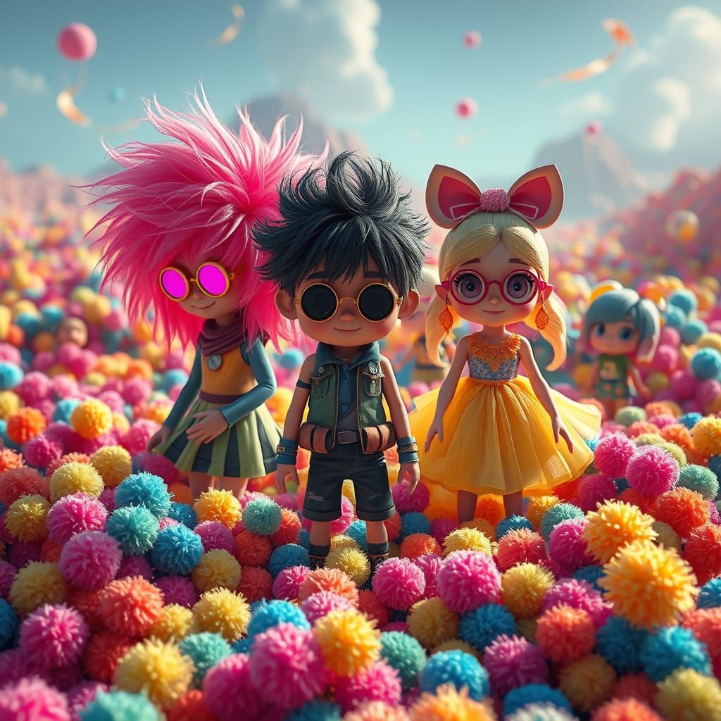Vibrant Characters in Colorful Pom Pom Landscapes