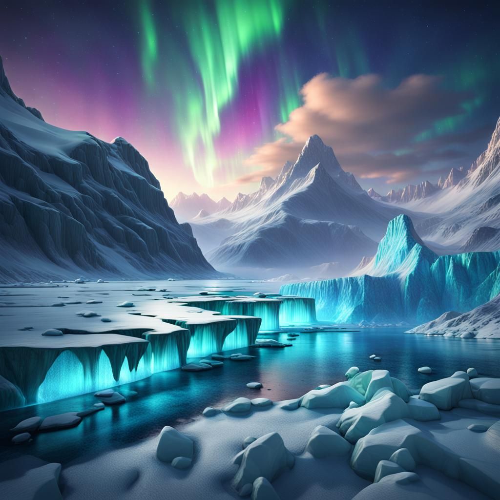 Luminous Northern Lights Over Icy Glacier
