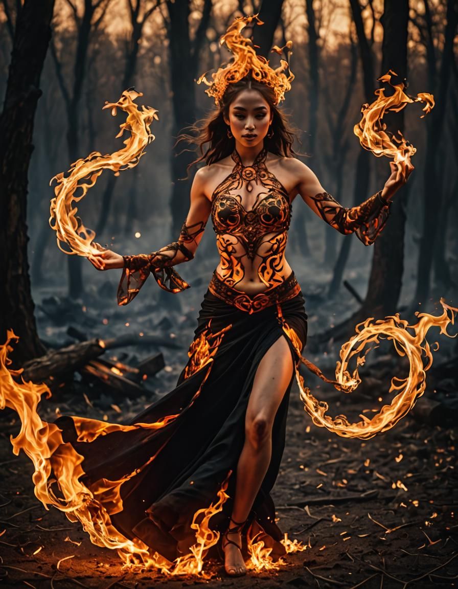 Fiery Woman Dances in Bonfire Landscape