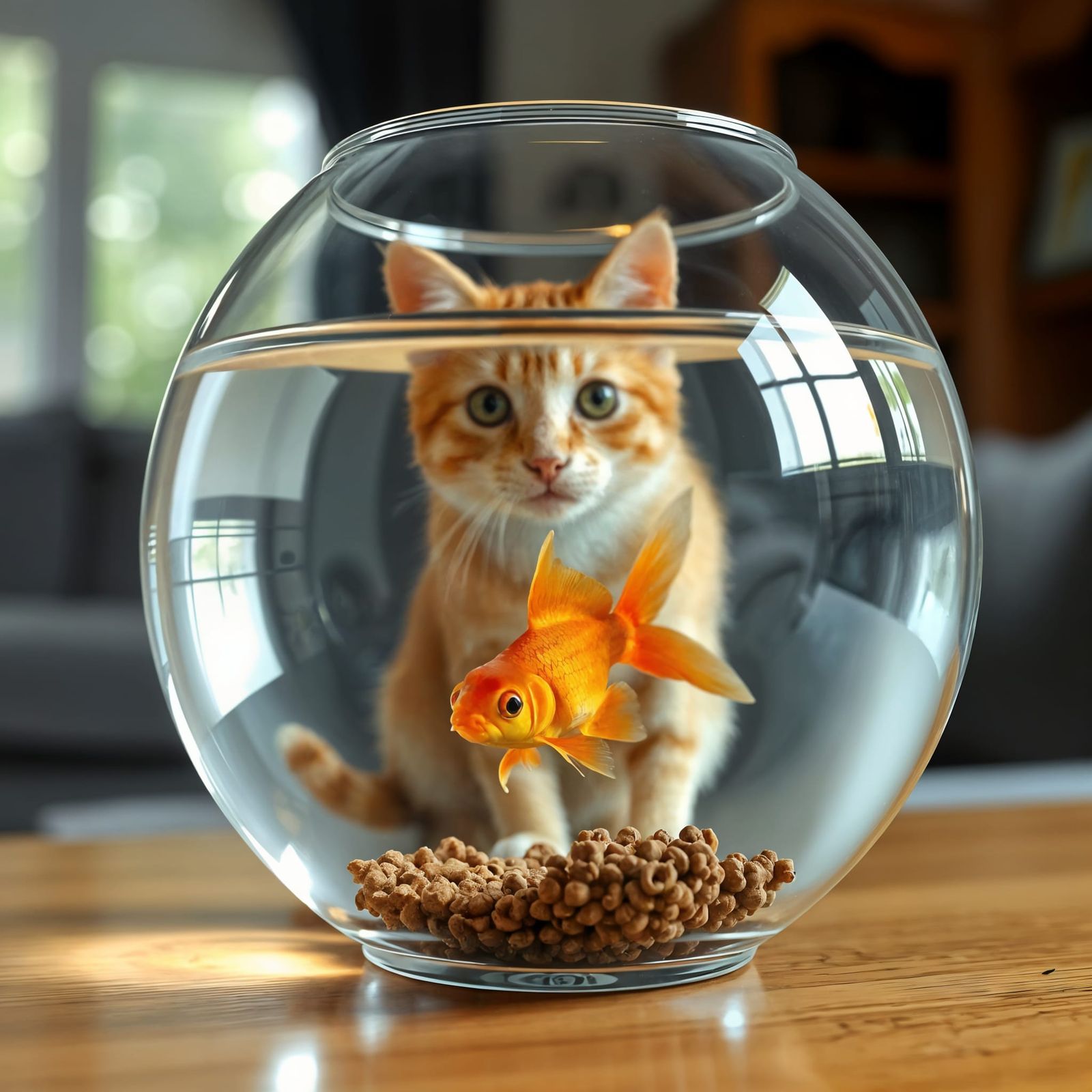 Curious Cat Peers into Goldfish Bowl
