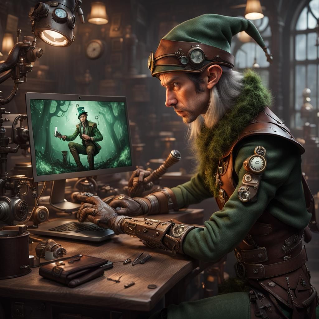 Elf Using AI to Create Steampunk Fantasy Art