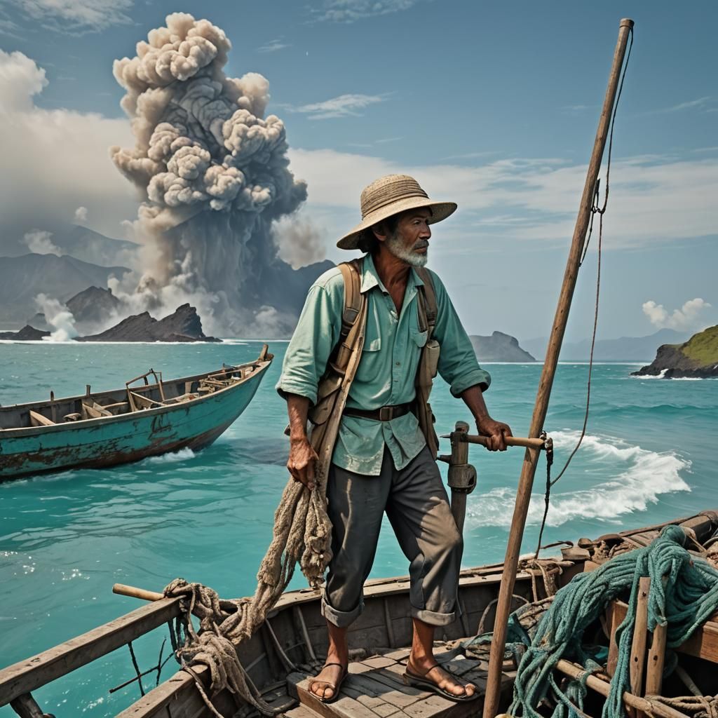 Krakatoa Eruption Startles Fisherman: Dark Fantasy Art