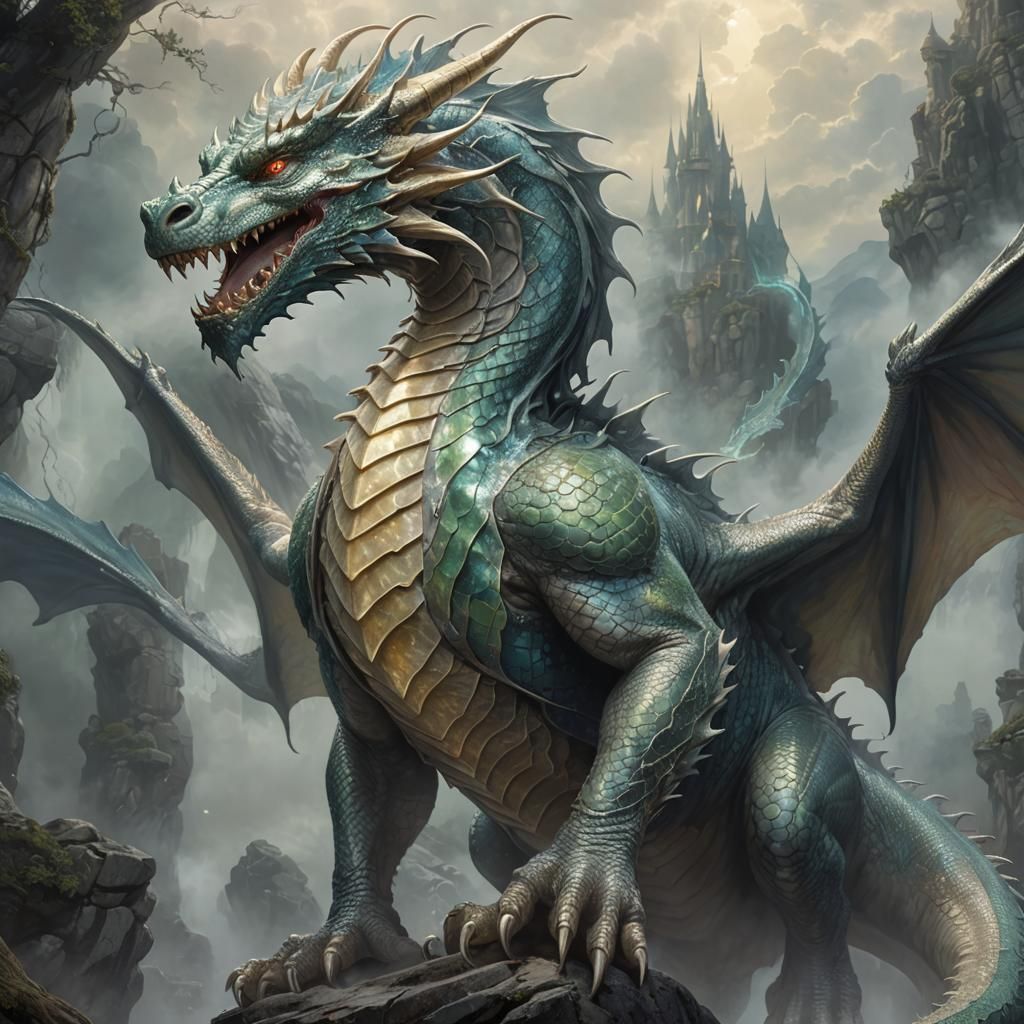 Mystical Dragon in Twilight, Hyperrealistic Fantasy Art