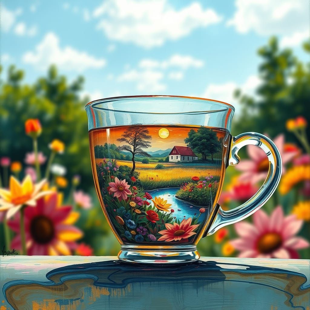 Summer Landscape in Teacup: Graffiti and Oil Painting