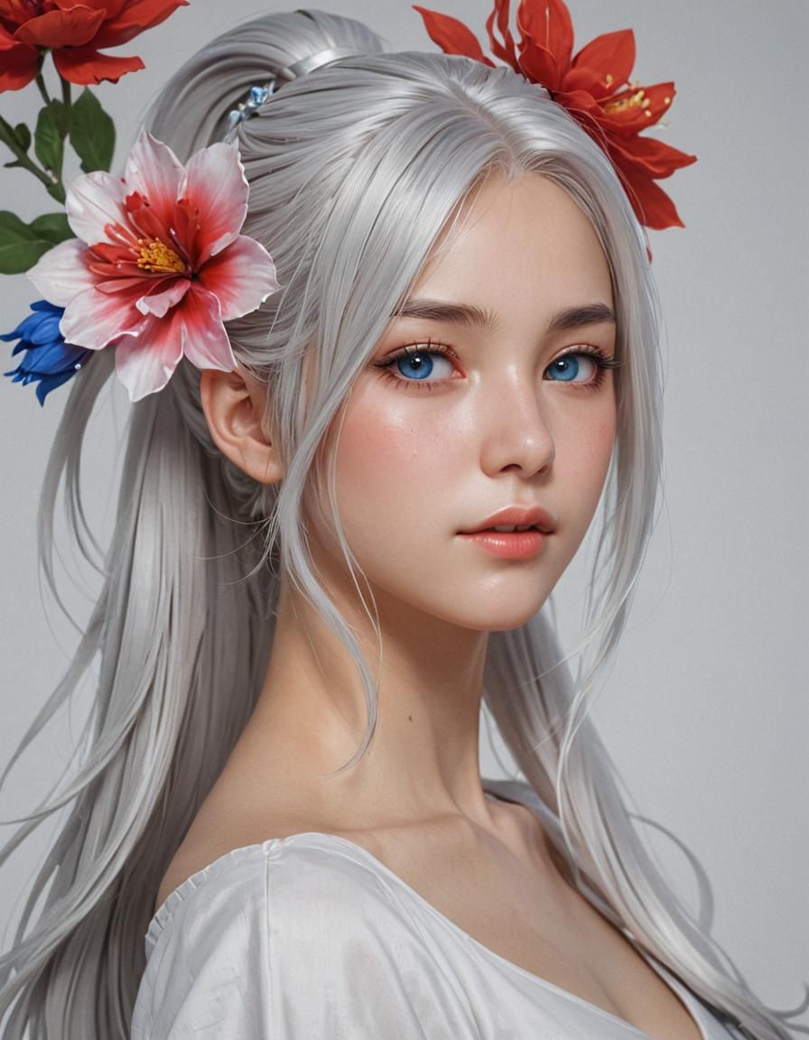 Anime Woman Portrait with Red Flower in 3D Style