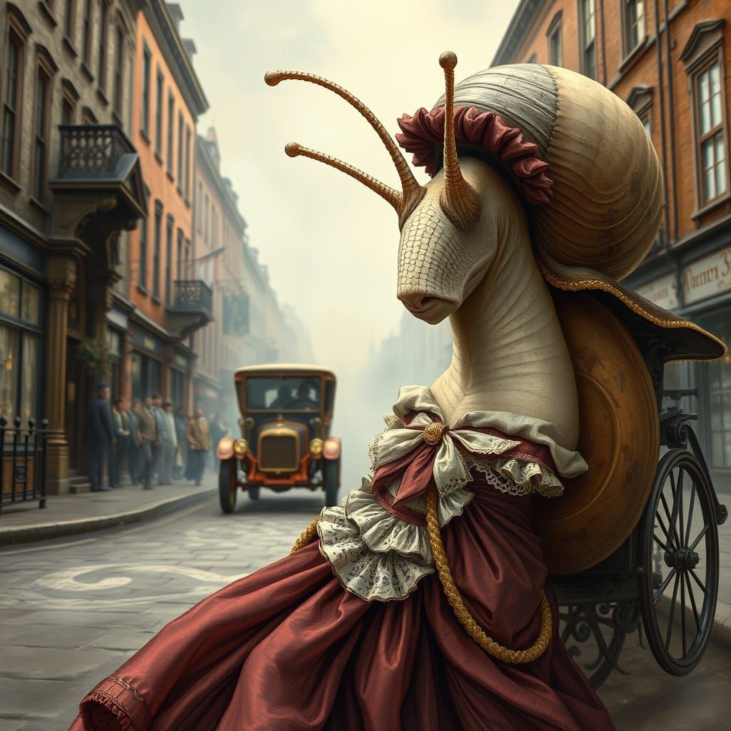 Victorian Snail and Steampunk Car: Arthur Rackham Style