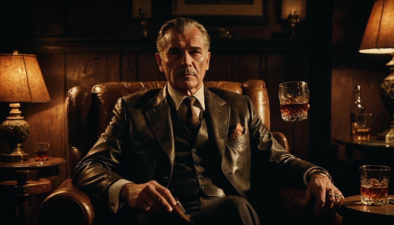 Cinematic Man in Leather Chair with Whisky