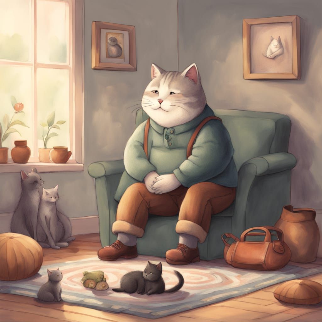 Sad Man with Chubby Cat Illustration