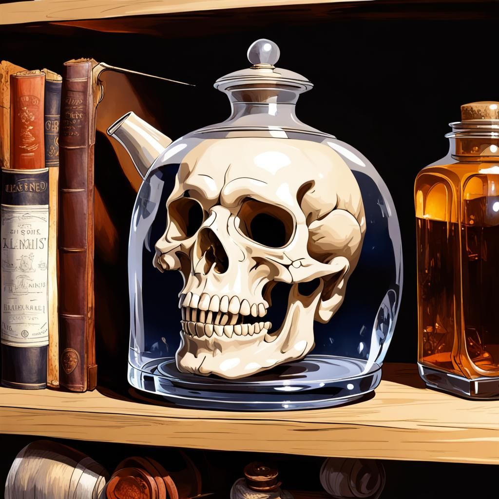 Crystal Skull in Glass Teapot on Shelf