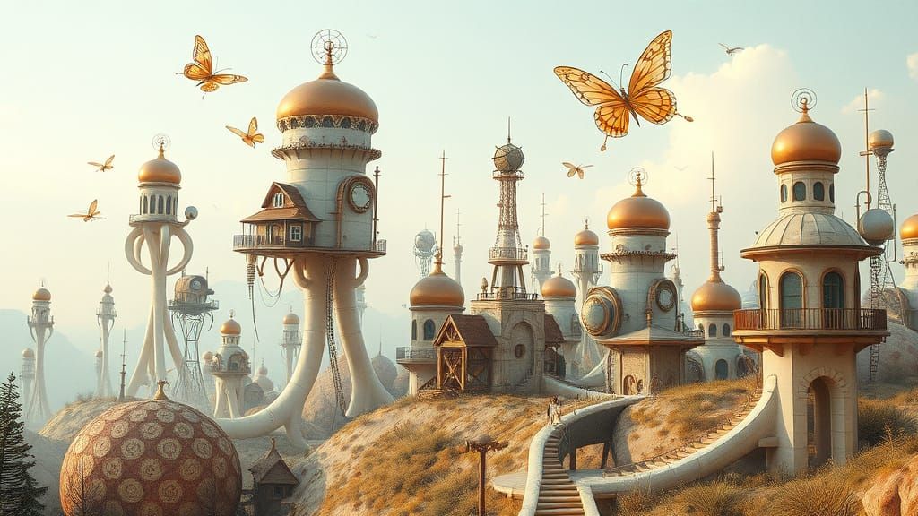 Biomorphic Steampunk Landscape Inspired by Watercolor and In...