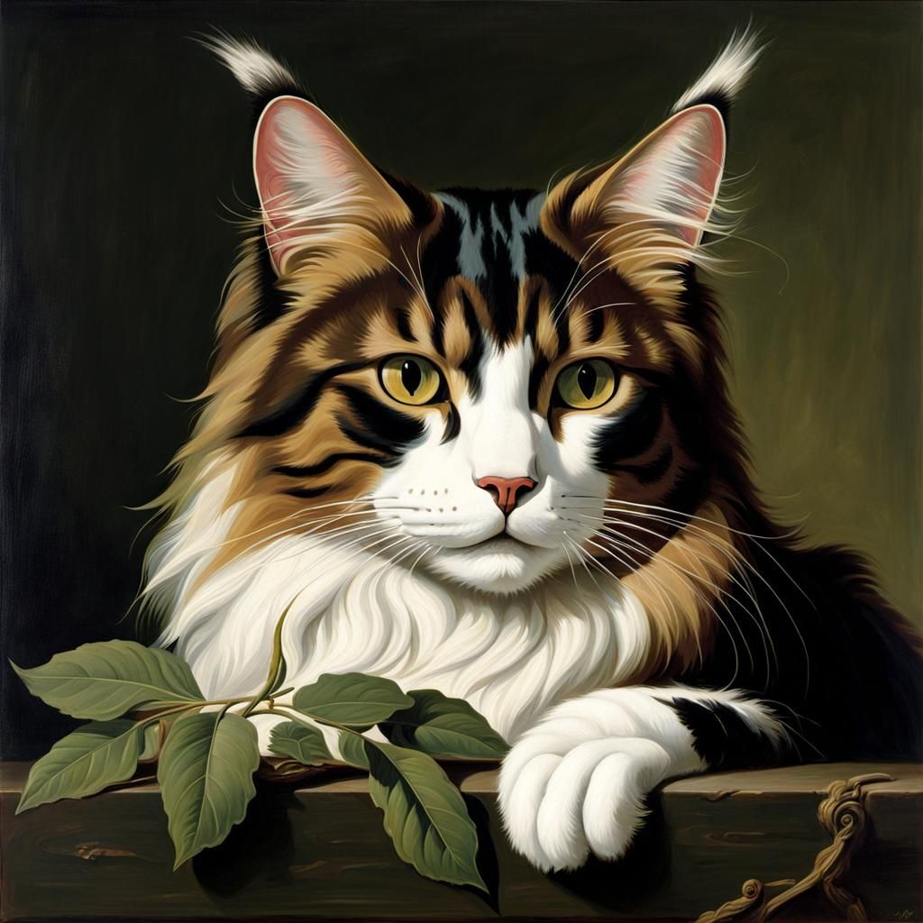 oil painting of a long haired cat