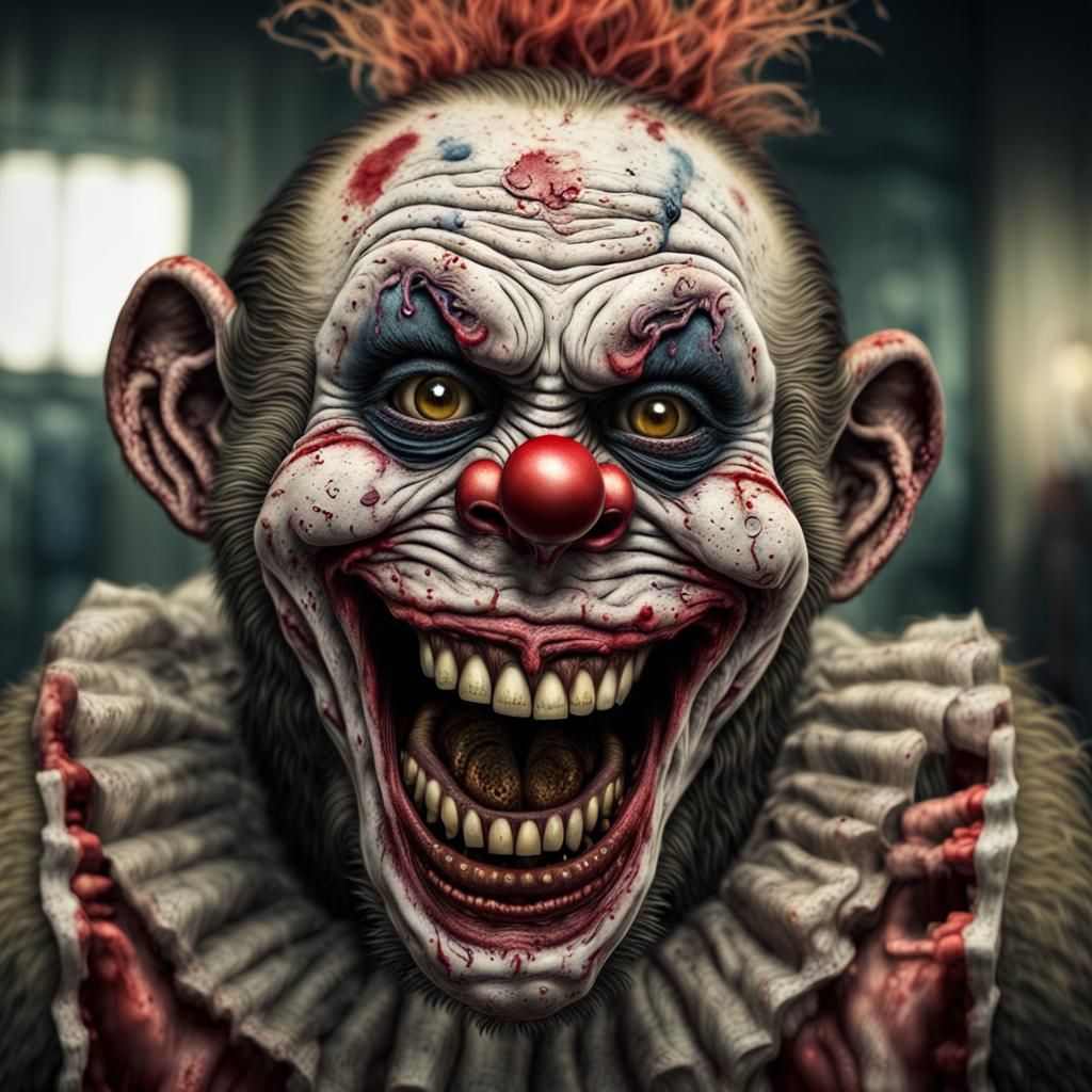 Hyperrealistic Zombie Monkey Clown Grinning