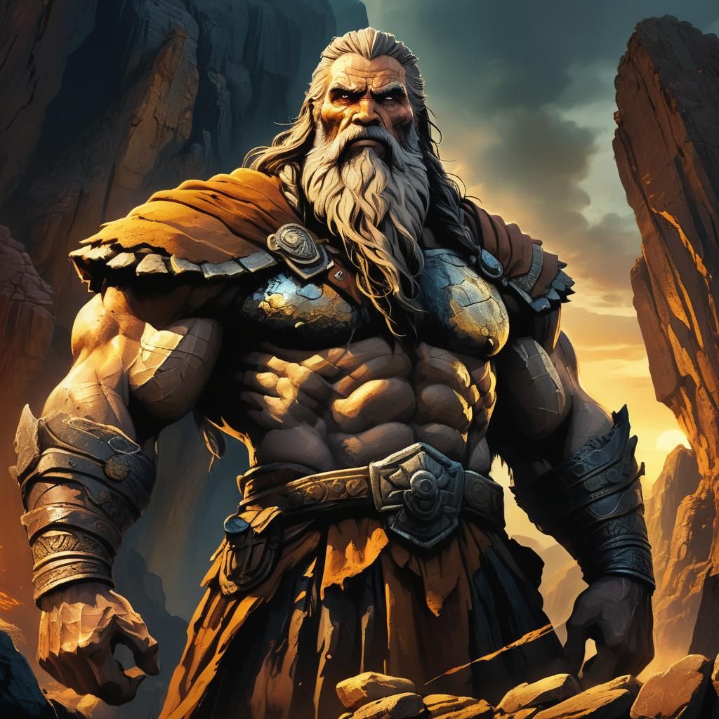 Epic Giant Stands Amidst Ancient Ruins in Triadic Earth Tone...