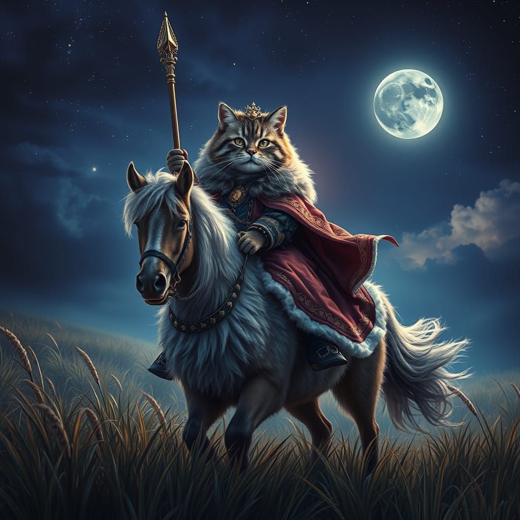 Regal Manul-Cat Rides a Fluffy Pony Under Starry Skies