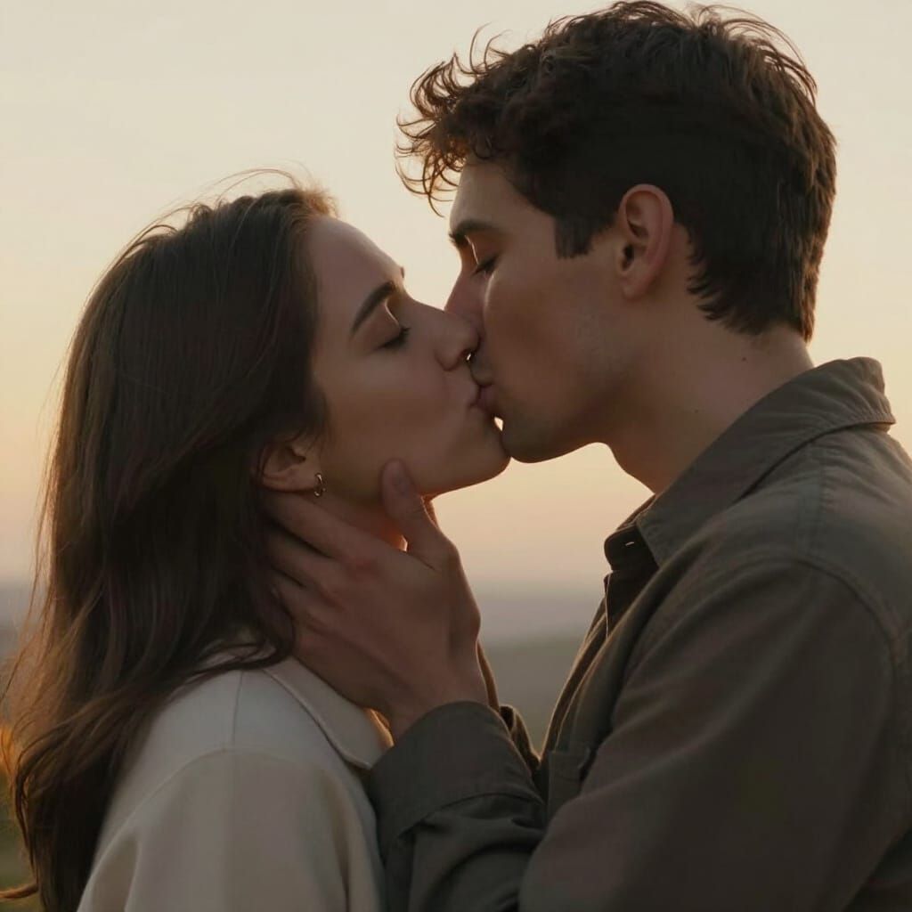 Passionate Couple Kissing in Golden Hour Light