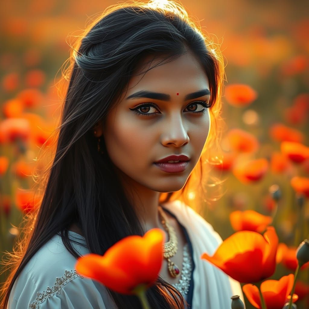 Indian Goddess Amidst Vibrant Poppies in Golden Light