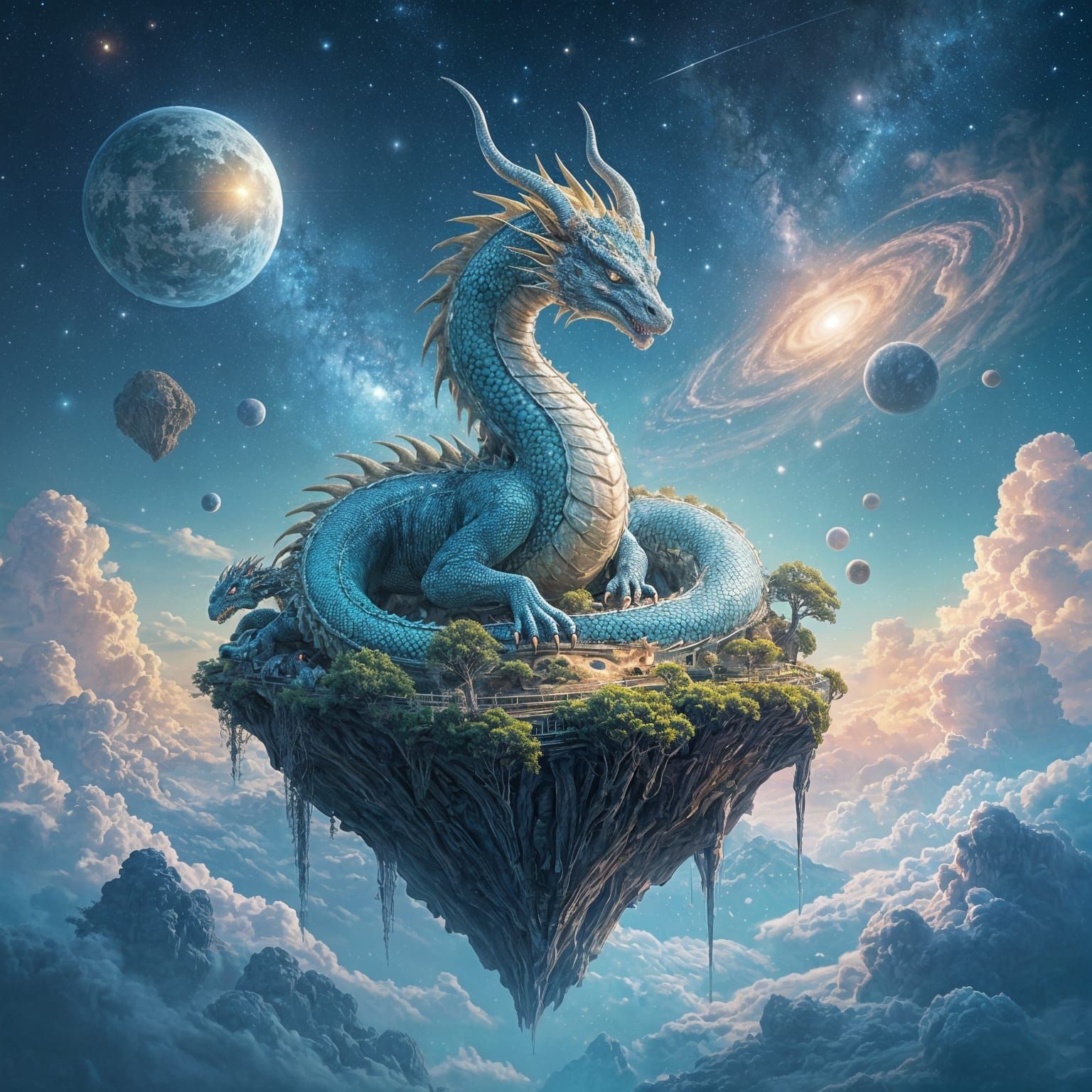 Ancient Dragon on Floating Island in Cosmic Sea