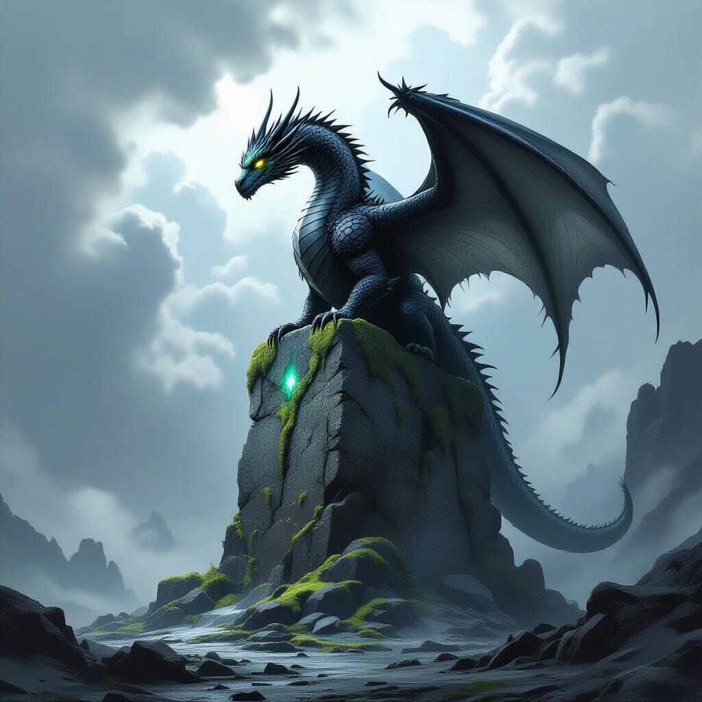 Ancient Dragon on Monolith in Film Noir Style