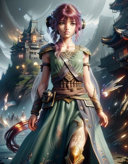 Fantasy Girl at Amber Castle Bay in Splash Art Style