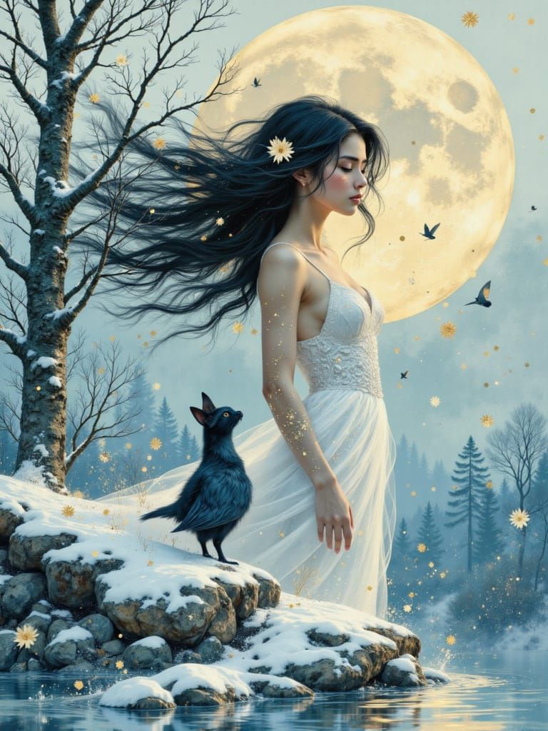 Surreal Teal and Gold Landscape with Snow Tiger and Heron