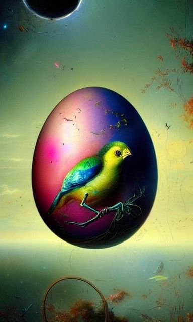 Bizarre Bird in Egg Floating in Space