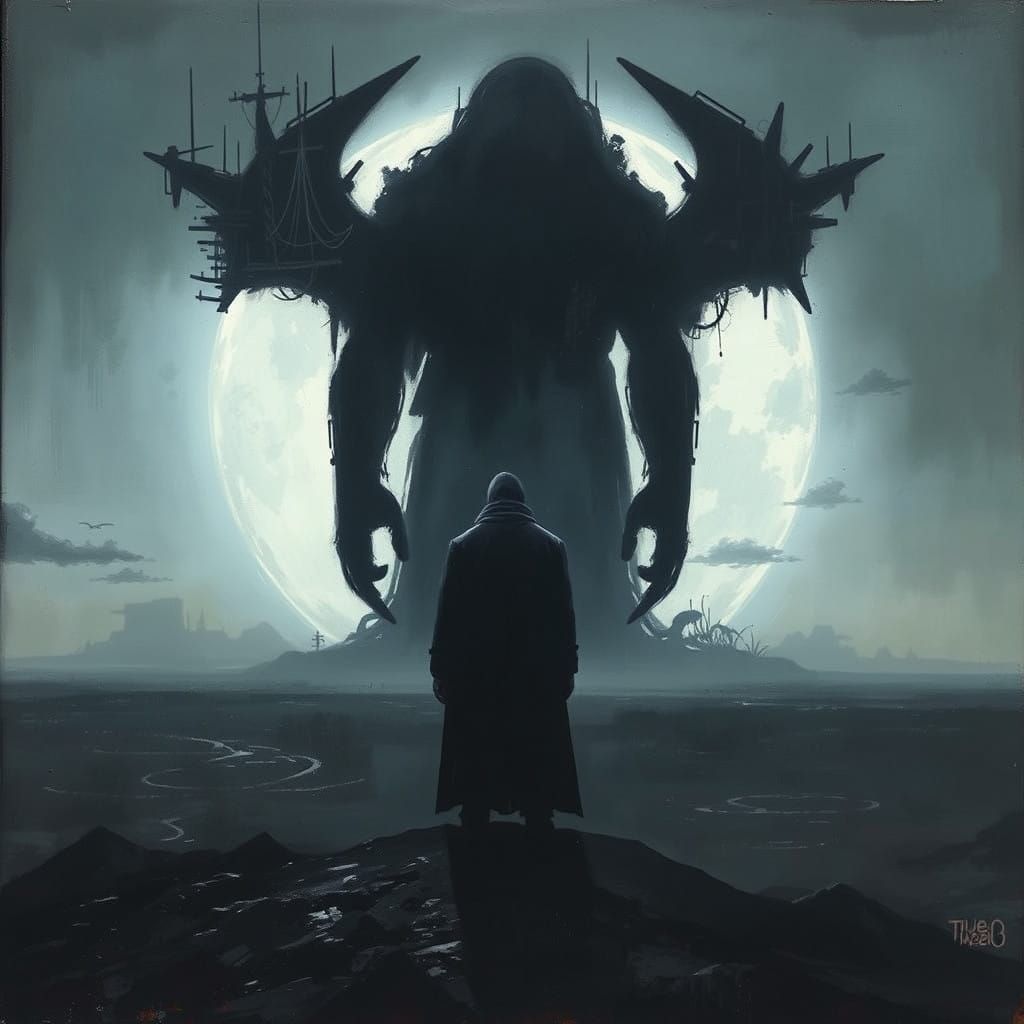 Ethereal Figure in Desolate Moonlit Landscape