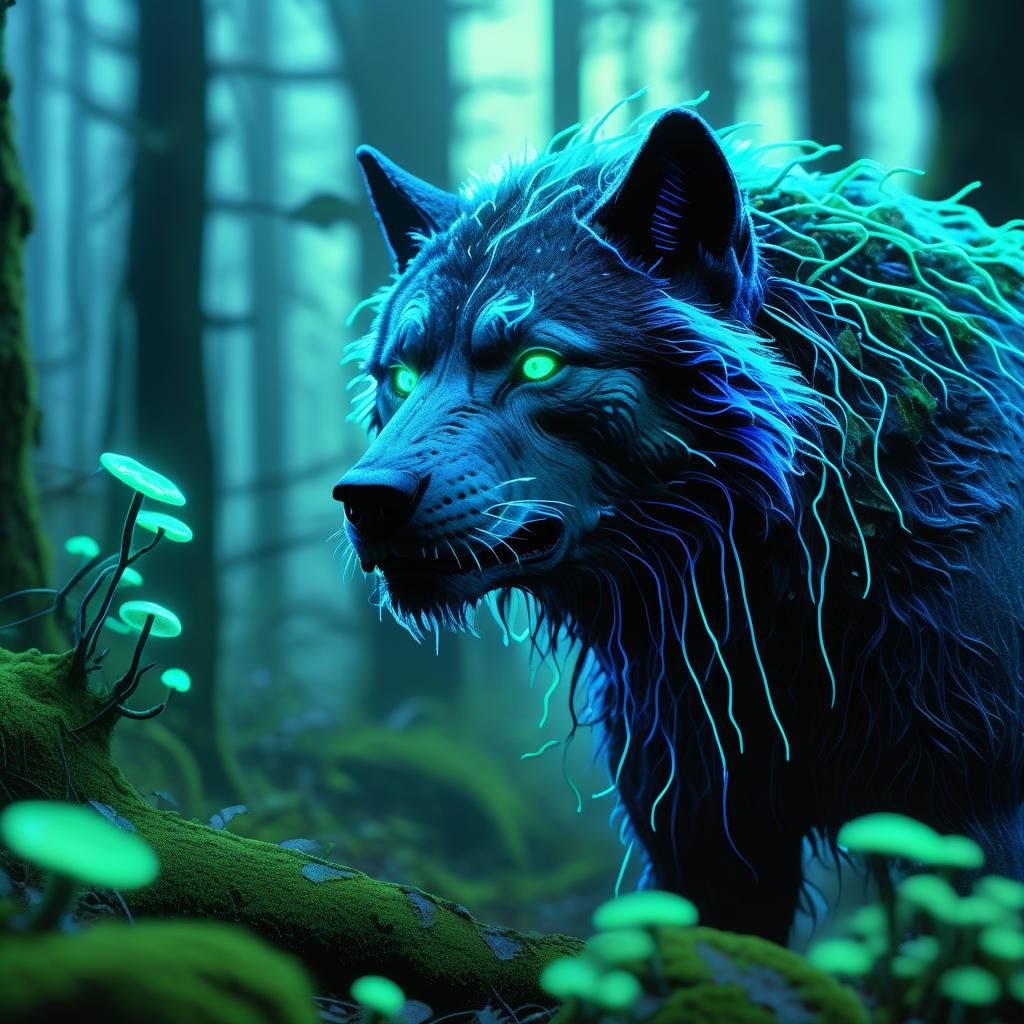 Bioluminescent Lycan in Neon Synthwave Forest