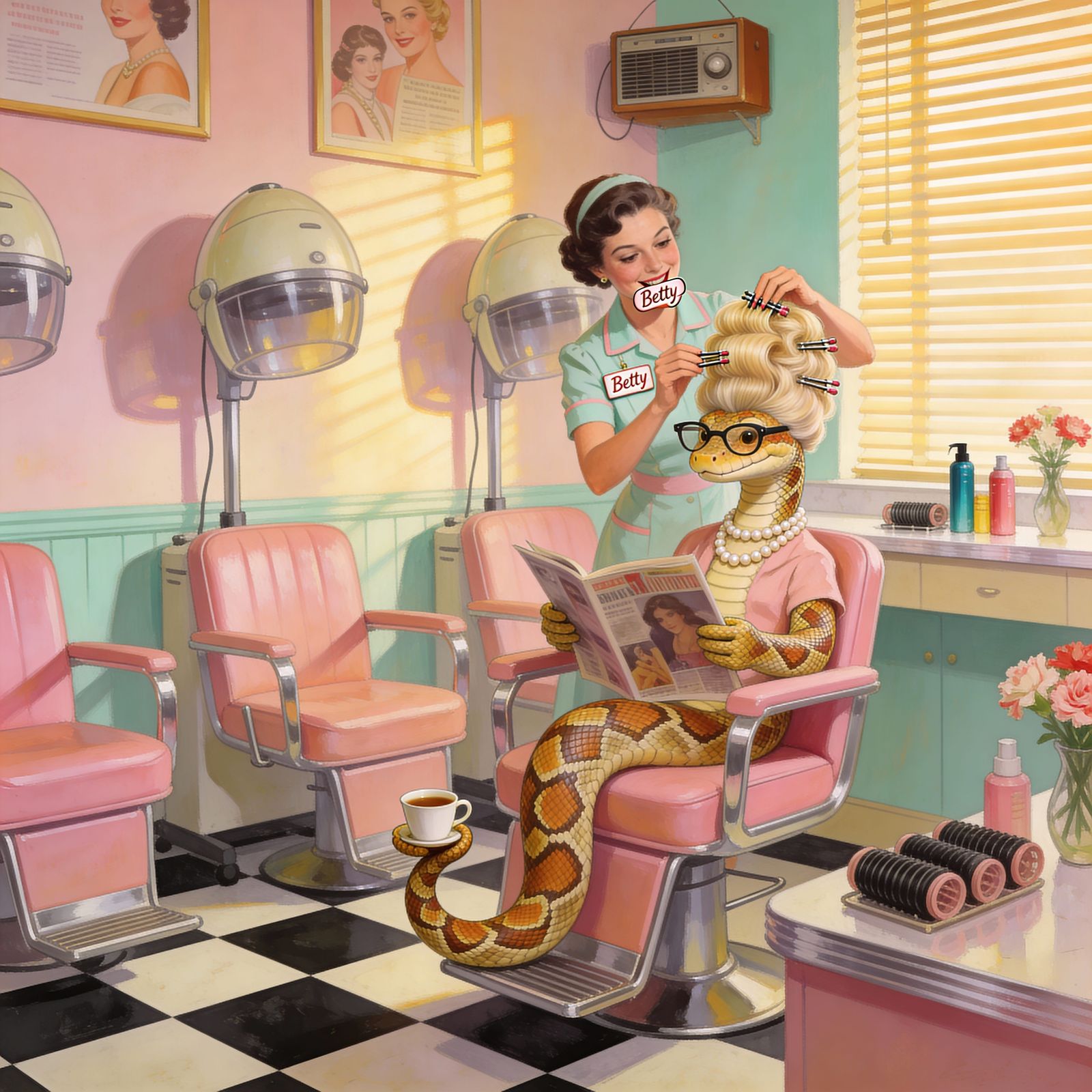 Corn Snake Gets a 1950s Makeover in a Pink Salon
