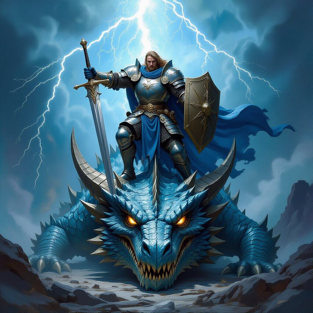 Knight Triumphs Over Lightning Dragon Lord in Epic Oil Paint...