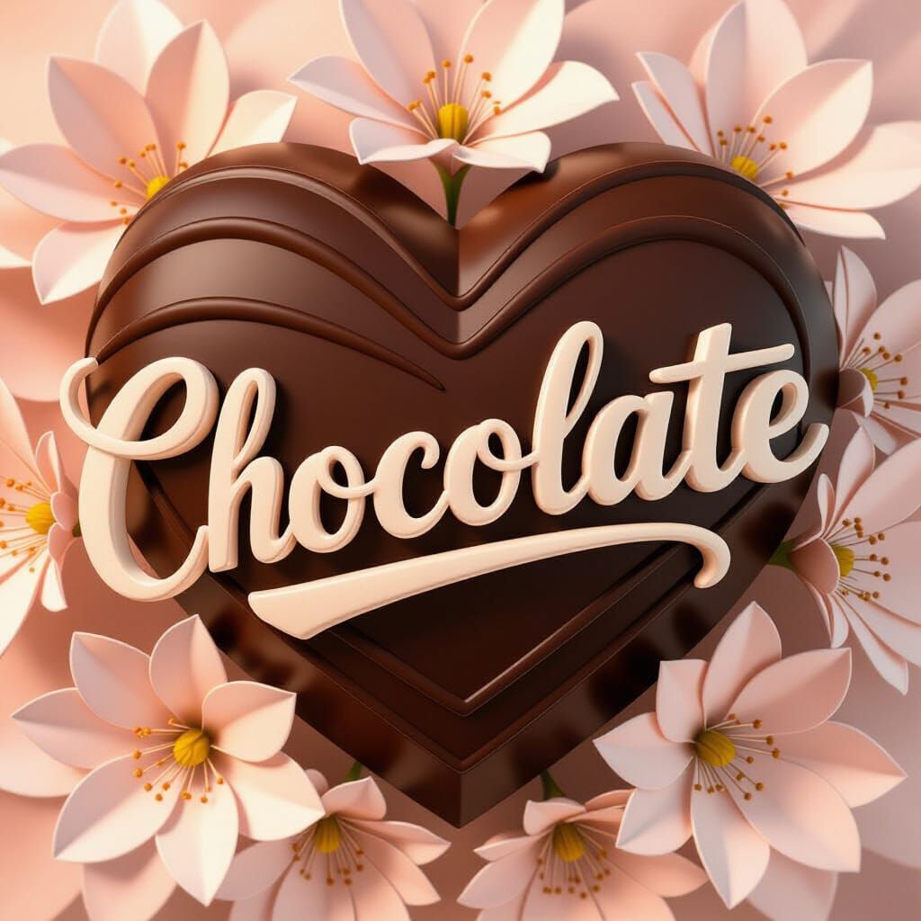 Black Chocolate Heart 3D Render with Chocolate Flowers