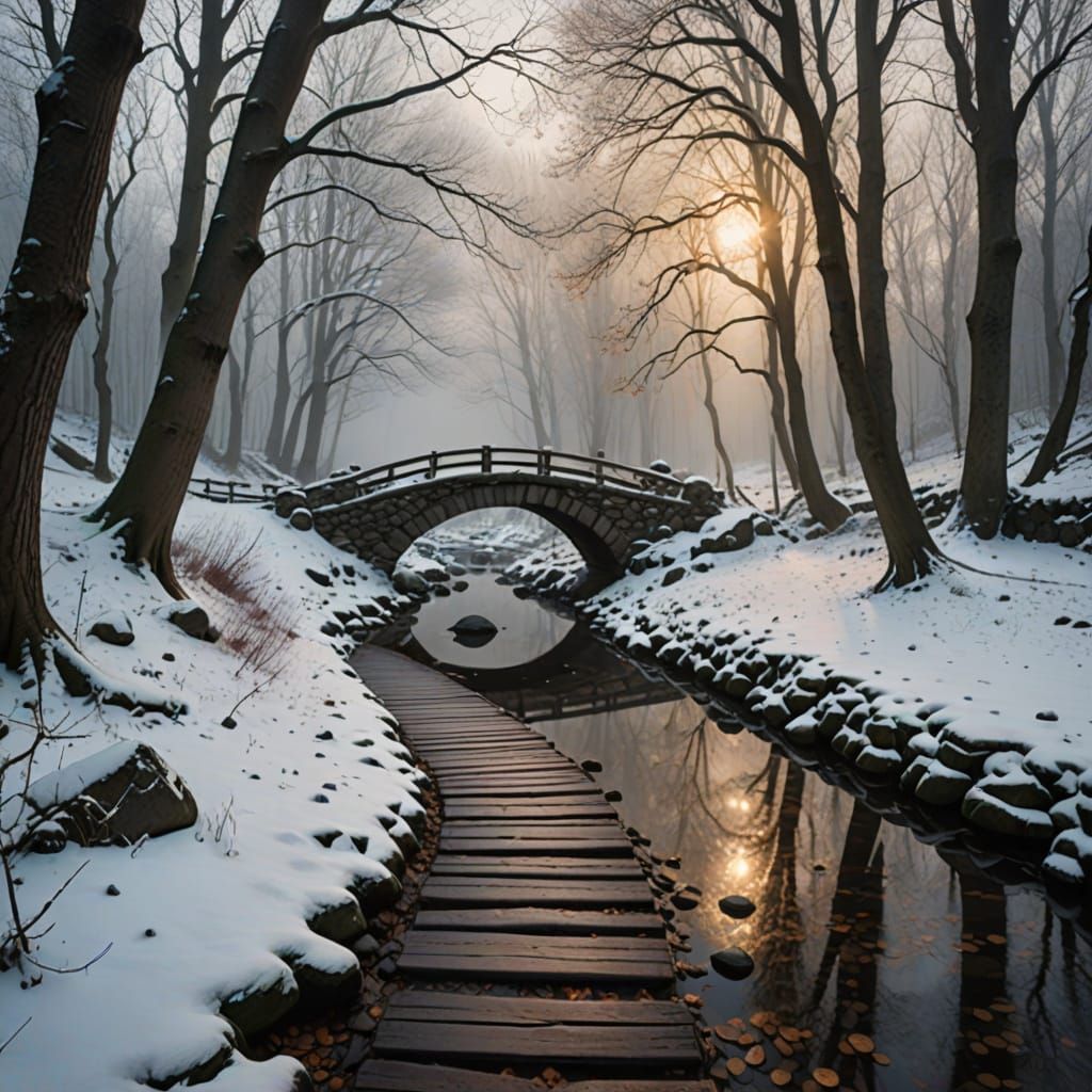 Tranquil Winter Woodland with Stone Bridge and Misty Forest