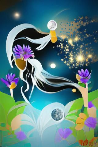 Moon Goddess with Magic Flowers in Vector Art