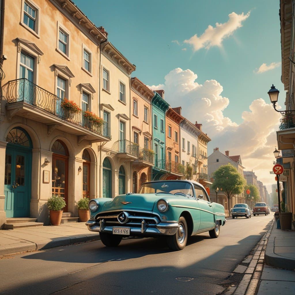 Whimsical Watercolor City Street Scene with Teal Car