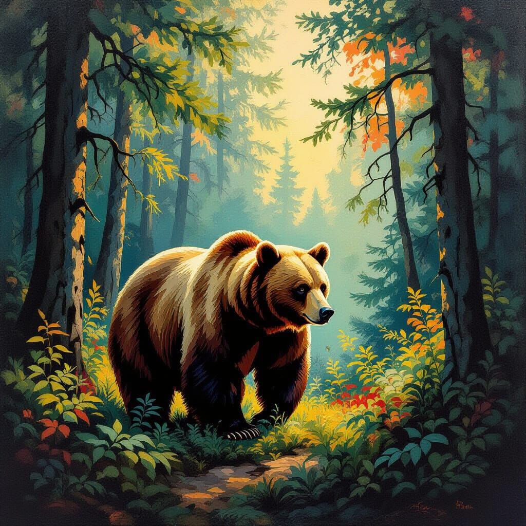 Brown Bear in Forest, Romantic Style