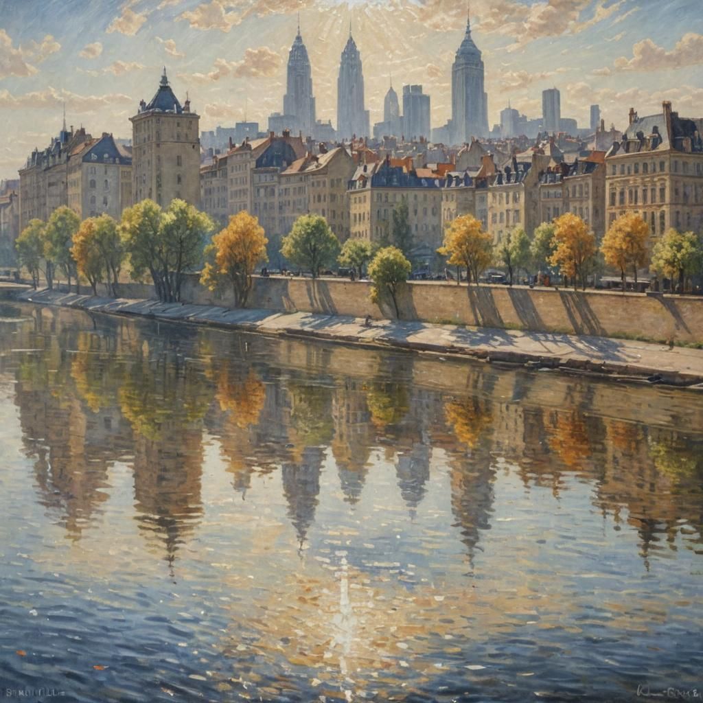 City Skyline Reflection in Oil Painting Style